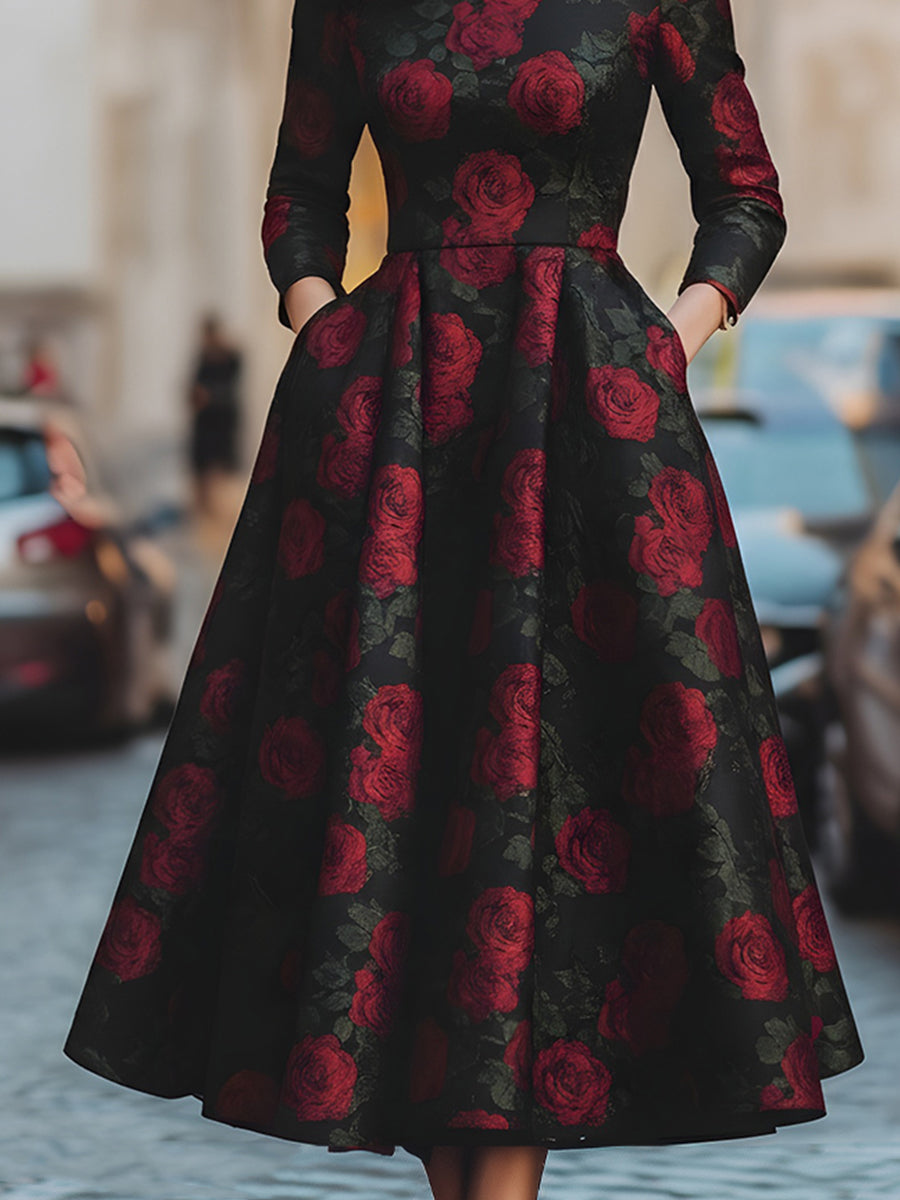 Elegancka Midi Sukienka z Wzorem Róż w Żakardzie