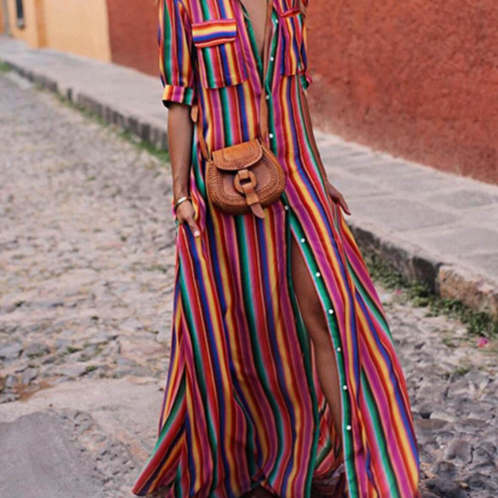 Nancy | Letnia Casual Sukienka Maxi w Paski