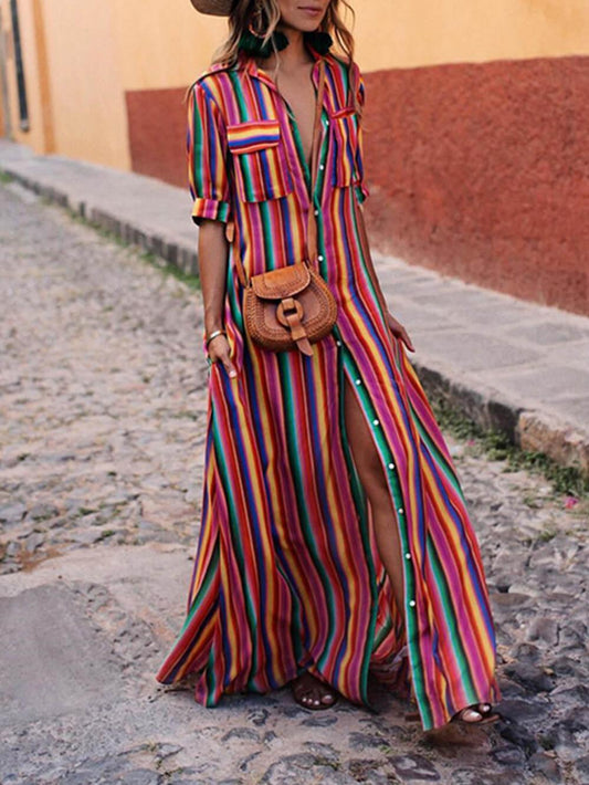 Nancy | Letnia Casual Sukienka Maxi w Paski