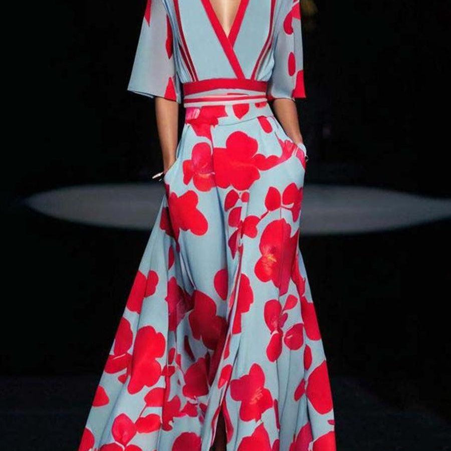 Lea | Elegancka Maxi Sukienka z Rękawem Średnim w Stylu Glam na Plaży