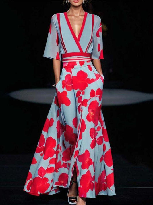 Lea | Elegancka Maxi Sukienka z Rękawem Średnim w Stylu Glam na Plaży