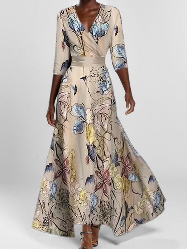 Lea | Elegancka Maxi Sukienka z Rękawem Średnim w Stylu Glam na Plaży