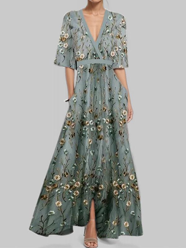 Lea | Elegancka Maxi Sukienka z Rękawem Średnim w Stylu Glam na Plaży