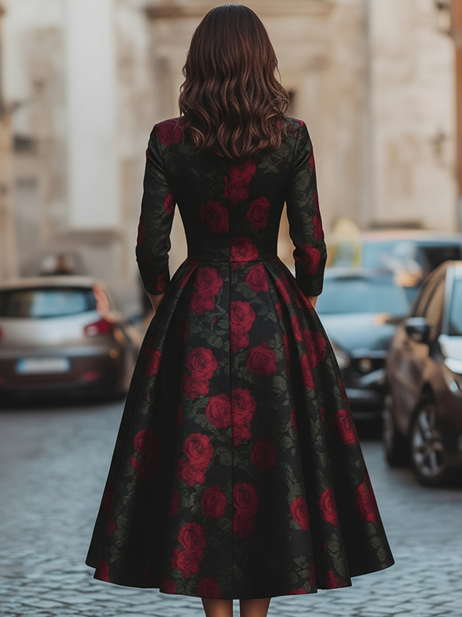 Elegancka Midi Sukienka z Wzorem Róż w Żakardzie