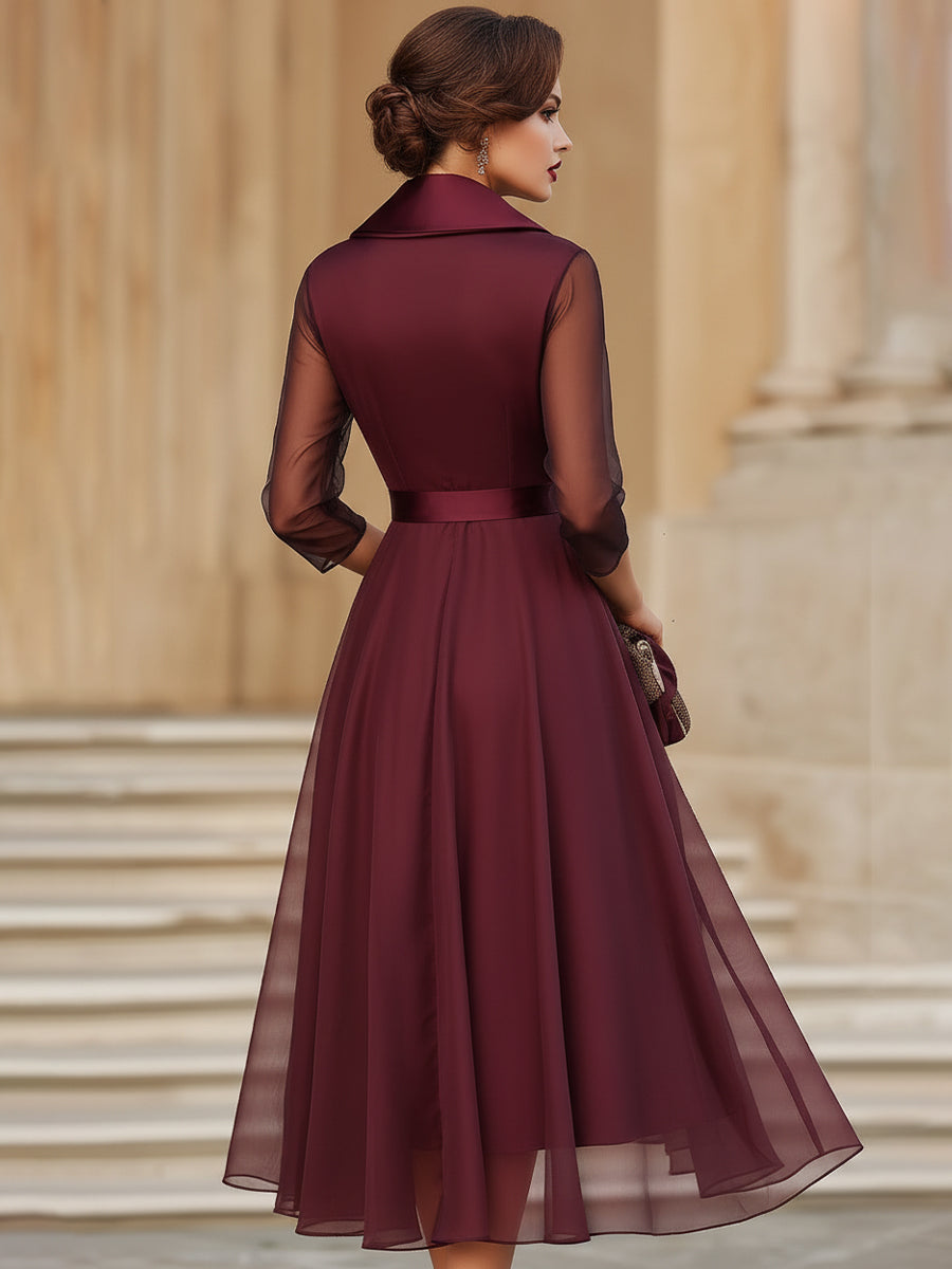 Elegancka Sukienka Midi z Przezroczystymi Rękawami