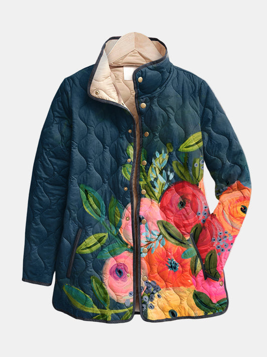 Lorynna | Vintage Kwiatowy Print Pikowana Kurtka