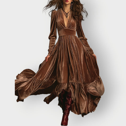 Alorae | Vintage A-Line Welurowa Sukienka Maxi