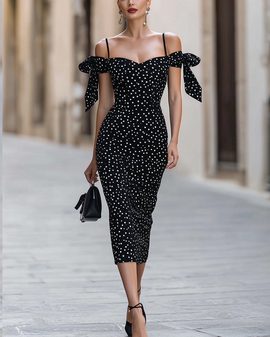 Sukienka Midi Bodycon Off-Shoulder z Akcentami Wstążek w Groszki