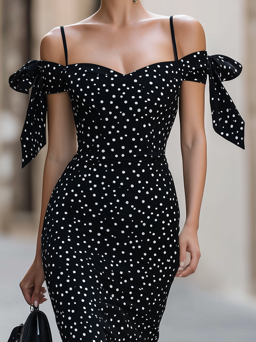 Sukienka Midi Bodycon Off-Shoulder z Akcentami Wstążek w Groszki