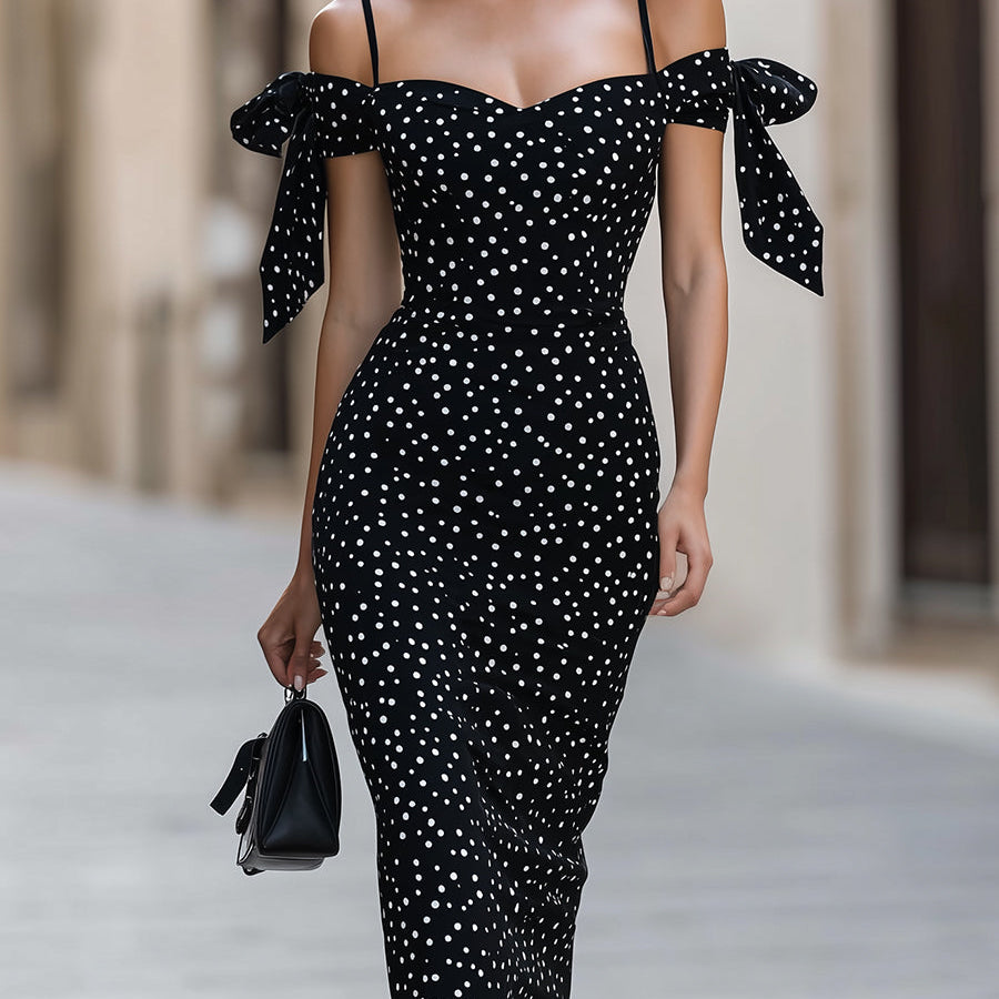 Sukienka Midi Bodycon Off-Shoulder z Akcentami Wstążek w Groszki