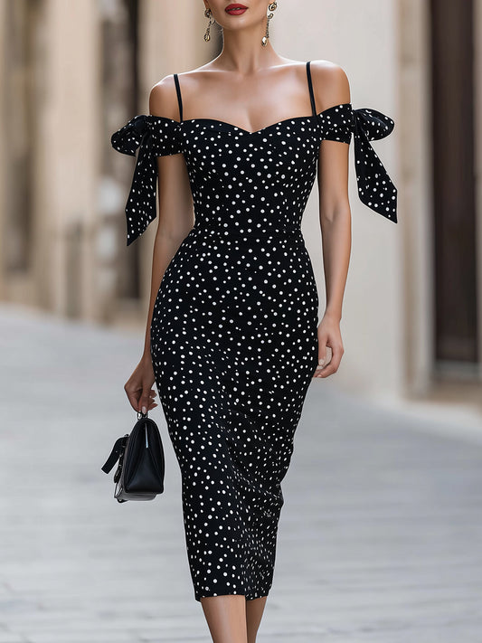 Sukienka Midi Bodycon Off-Shoulder z Akcentami Wstążek w Groszki