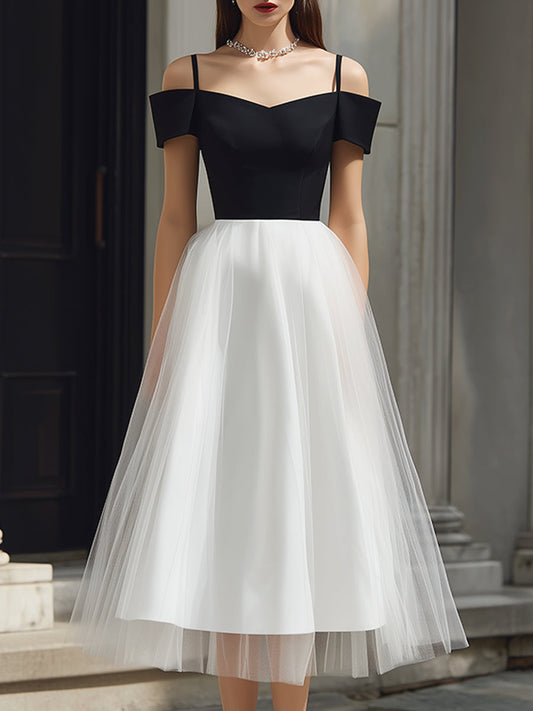 Sukienka Midi A-Line z Tyllu z Detalami na Ramiączkach Off-Shoulder