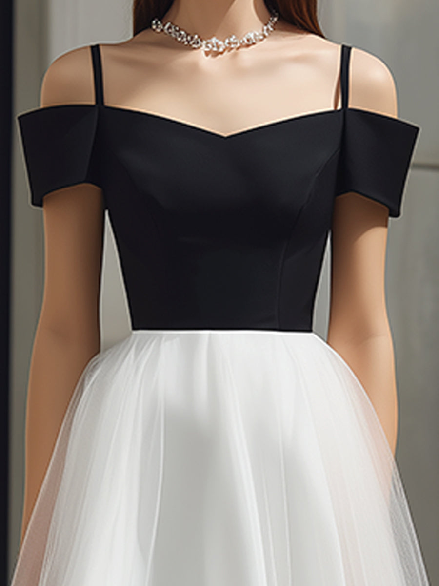 Sukienka Midi A-Line z Tyllu z Detalami na Ramiączkach Off-Shoulder