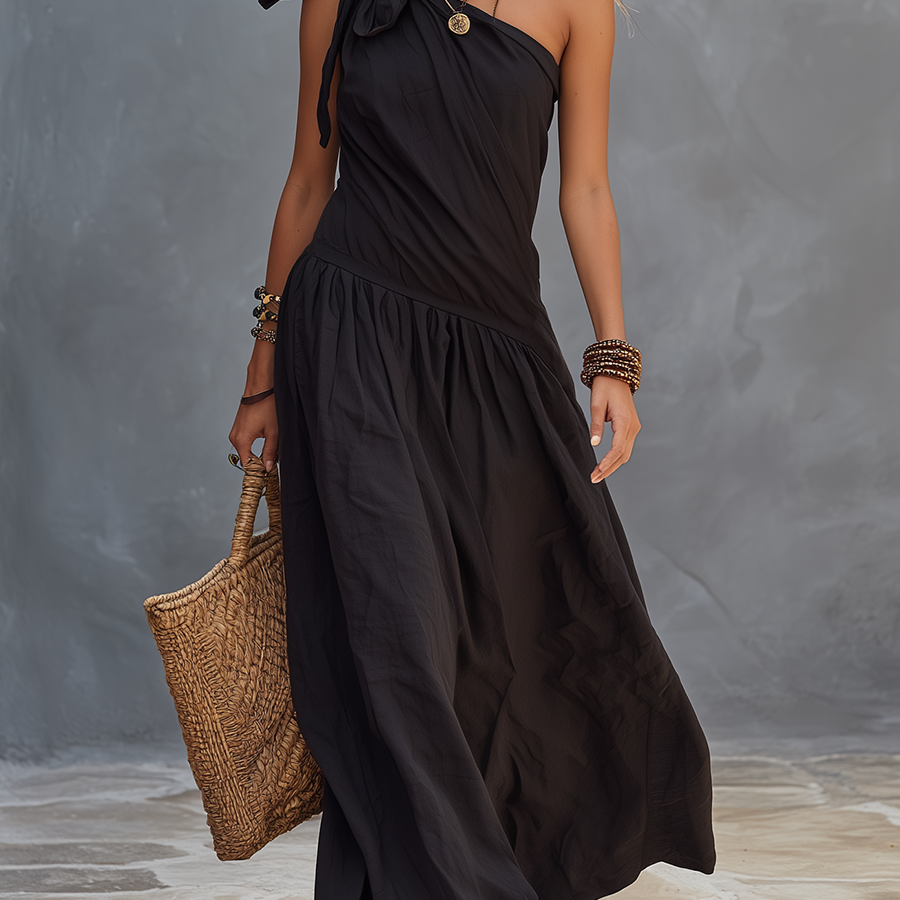 SELENA | Maxi Sukienka Monospalla Czarna