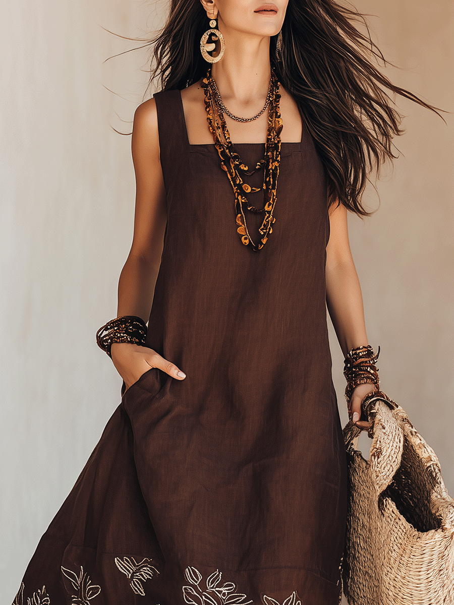 NOEMI | Midi Sukienka Lniania Boho Haftowana