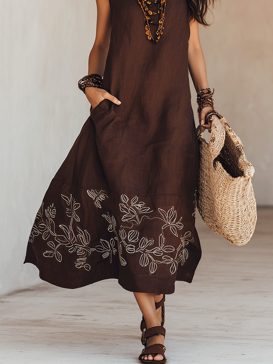 NOEMI | Midi Sukienka Lniania Boho Haftowana