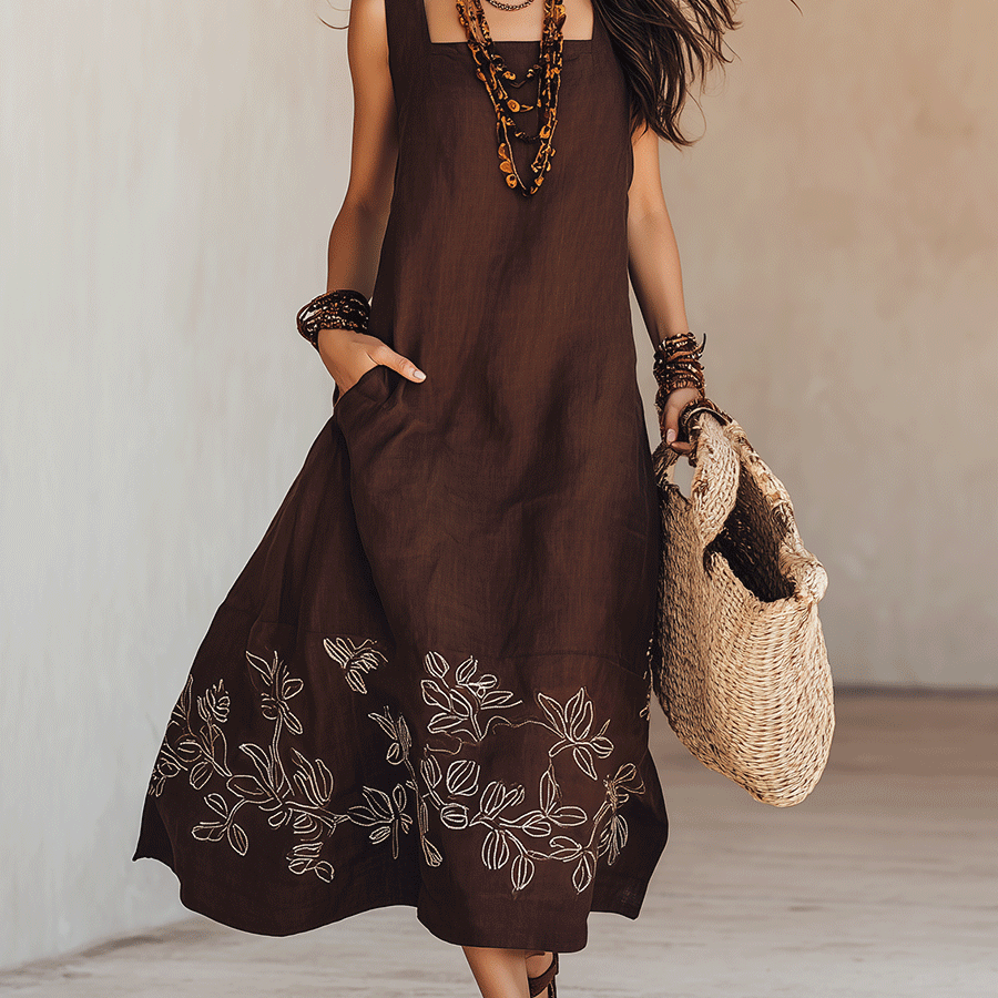 NOEMI | Midi Sukienka Lniania Boho Haftowana