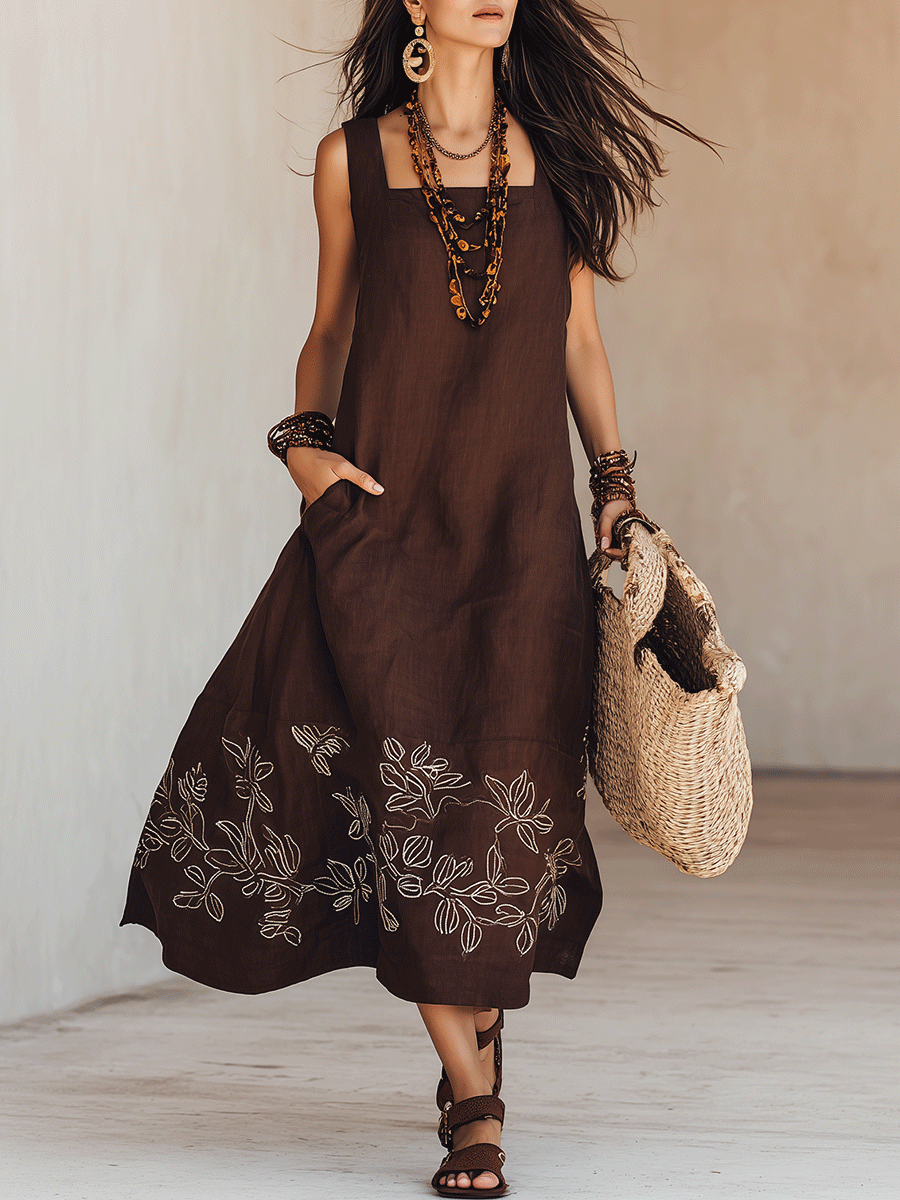 NOEMI | Midi Sukienka Lniania Boho Haftowana