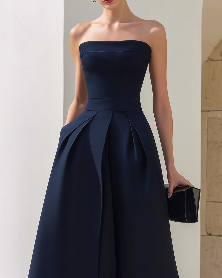 Sukienka Midi Bez Ramiączek w Stylu A z Faldami