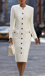 Kremowa Sukienka Midi z Tweedu z Guzikami i Kieszeniami na Łatki