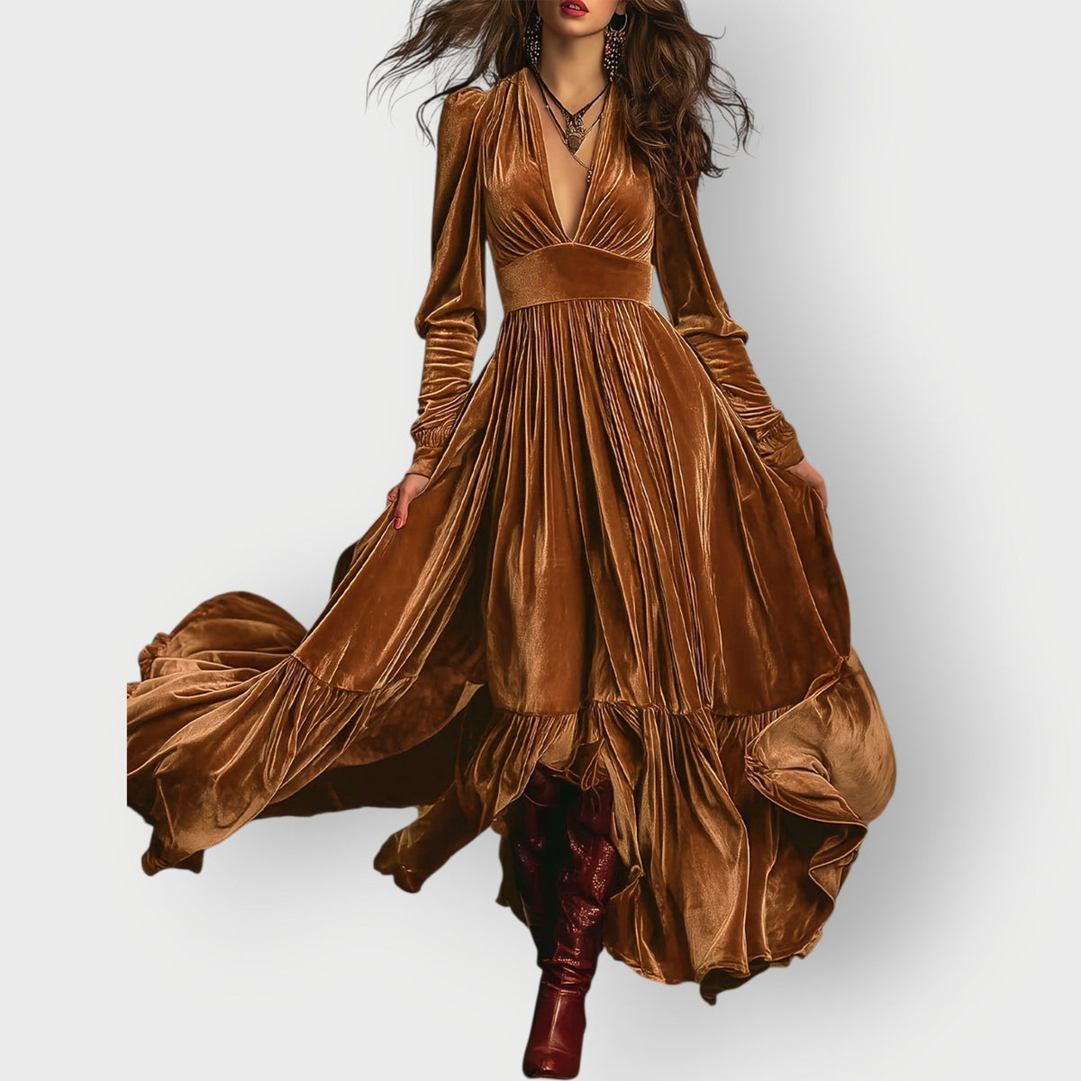 Alorae | Vintage A-Line Welurowa Sukienka Maxi