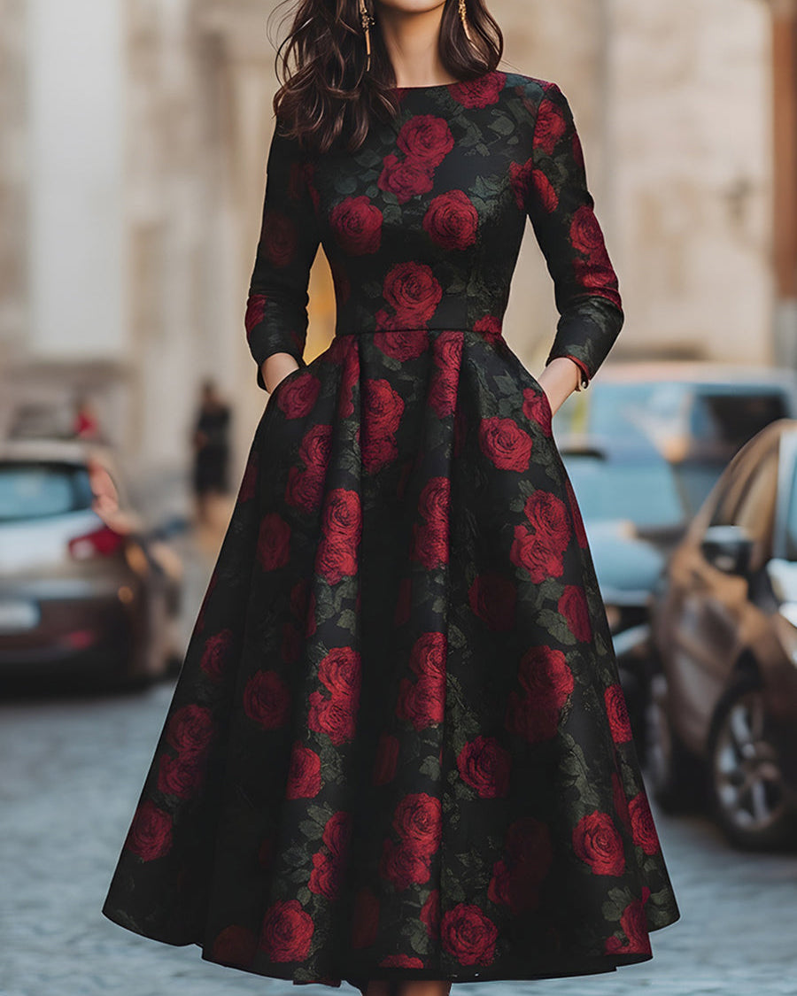 Elegancka Midi Sukienka z Wzorem Róż w Żakardzie