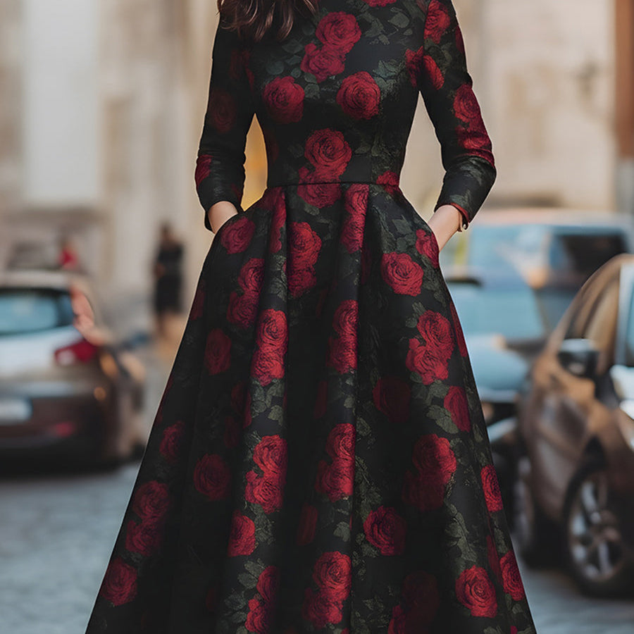 Elegancka Midi Sukienka z Wzorem Róż w Żakardzie