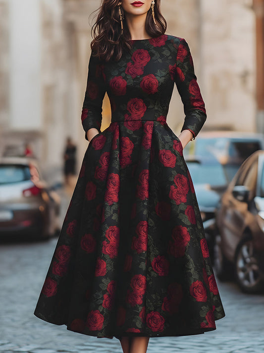 Elegancka Midi Sukienka z Wzorem Róż w Żakardzie