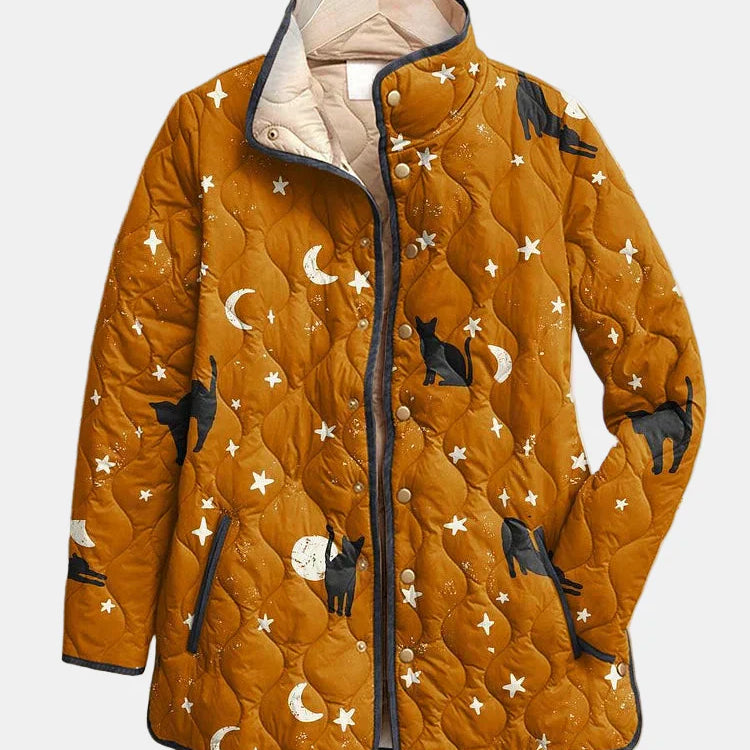 Lumeia | Casual Czarna Kotka Halloween Print Pikowana Kurtka