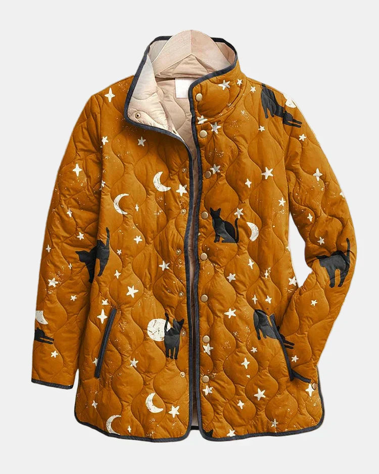 Lumeia | Casual Czarna Kotka Halloween Print Pikowana Kurtka