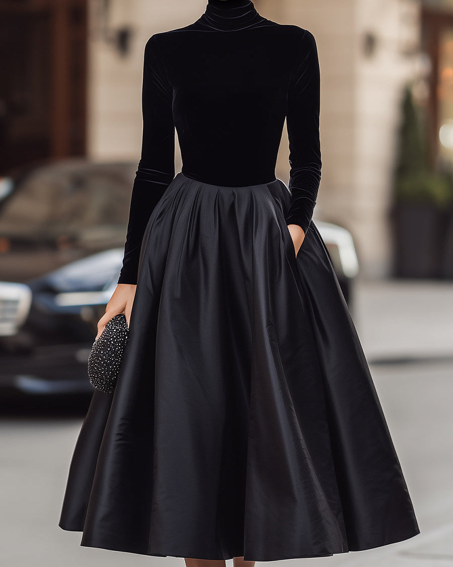 Elegancka Czarna Sukienka Midi z Aksamitą i Satyną