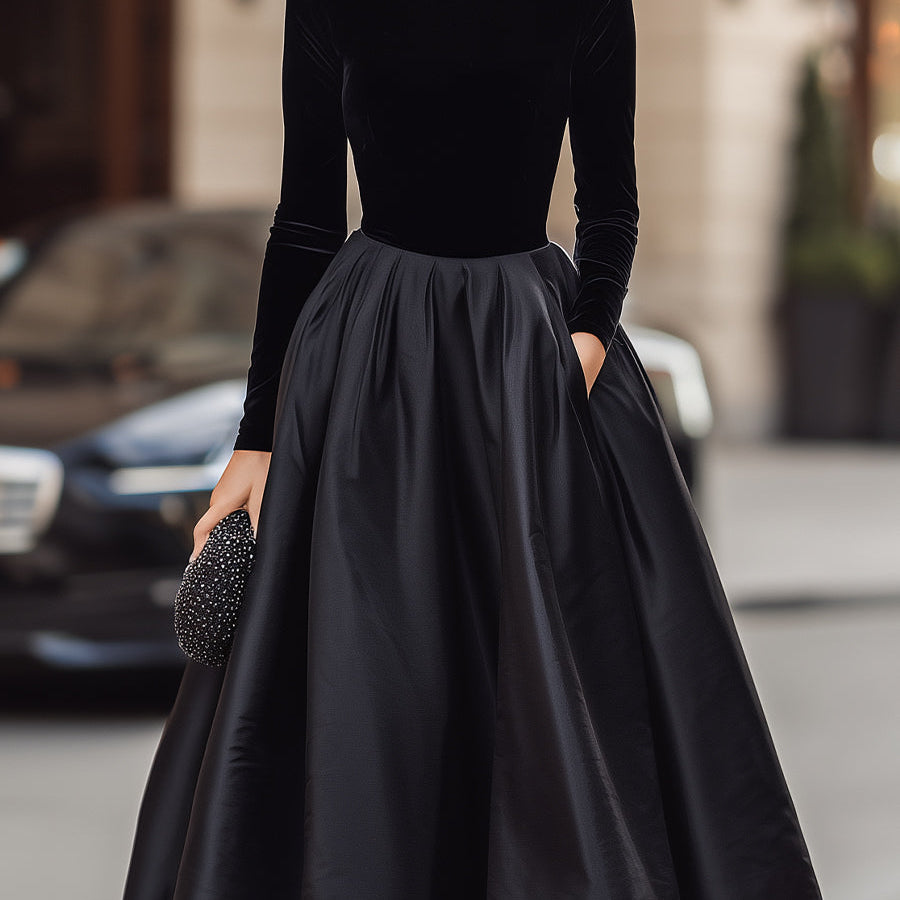 Elegancka Czarna Sukienka Midi z Aksamitą i Satyną