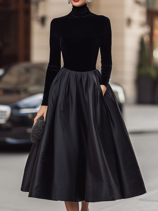 Elegancka Czarna Sukienka Midi z Aksamitą i Satyną