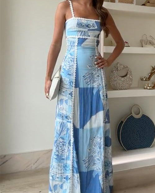 Eleonore | Sukienka Maxi z Fasonem na Plecach z Kokardą i Wzorem Ric Rac