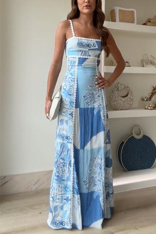 Eleonore | Sukienka Maxi z Fasonem na Plecach z Kokardą i Wzorem Ric Rac