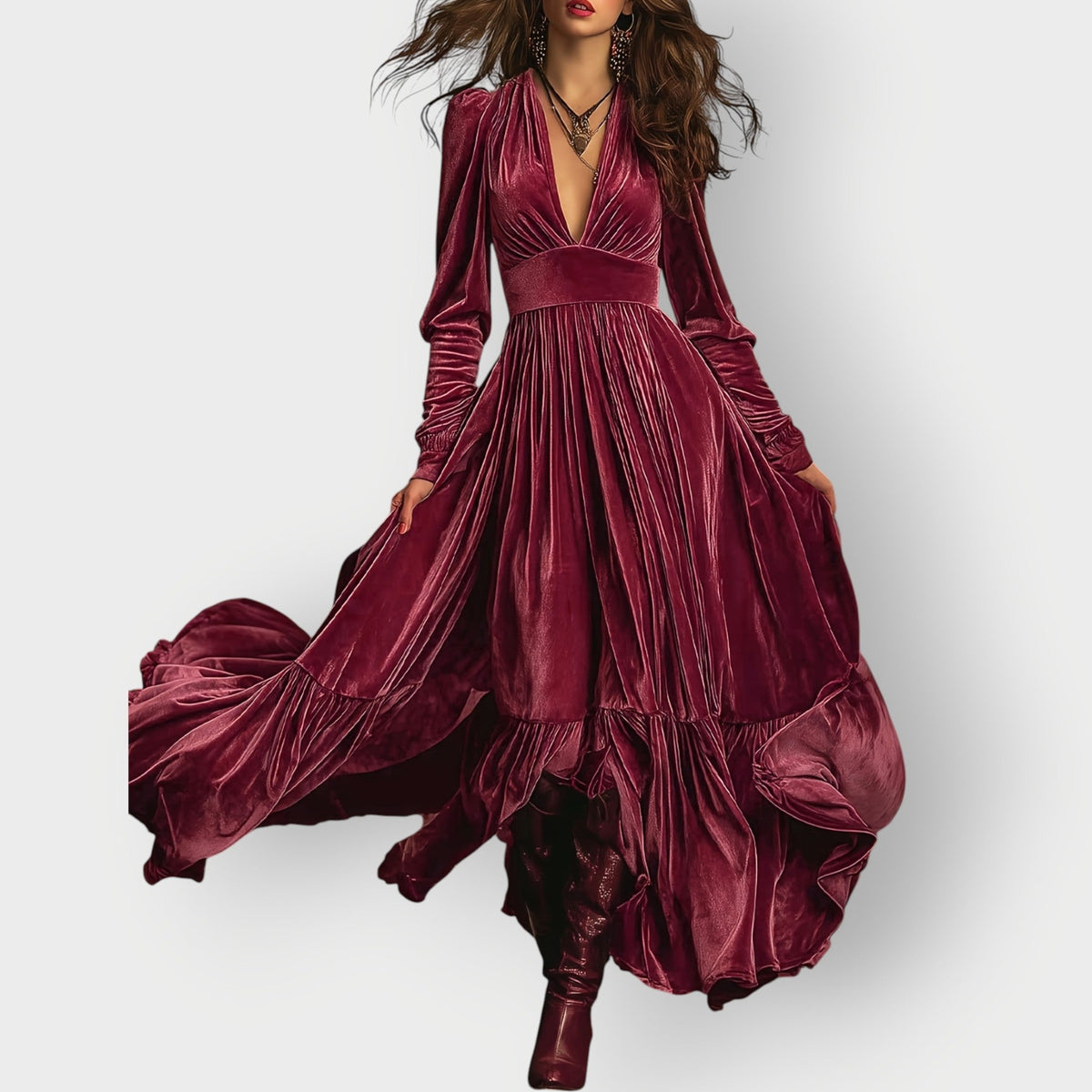 Alorae | Vintage A-Line Welurowa Sukienka Maxi