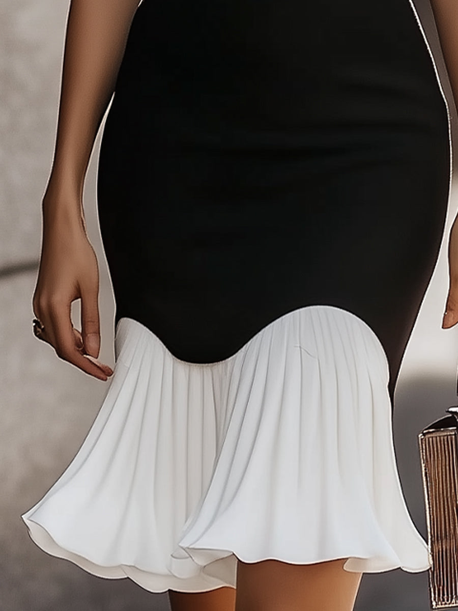 Elegancka Czarna i Biała Midi Sukienka z Wysokim Kołnierzem