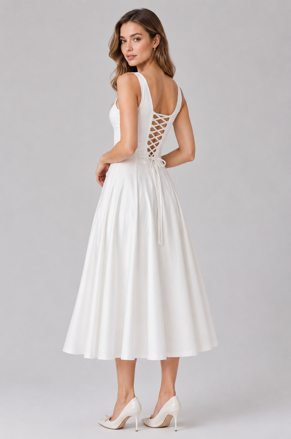 Midy – Elegancka Sukienka Midi A-Line z Gorsetem i Kwadratowym Dekoltem
