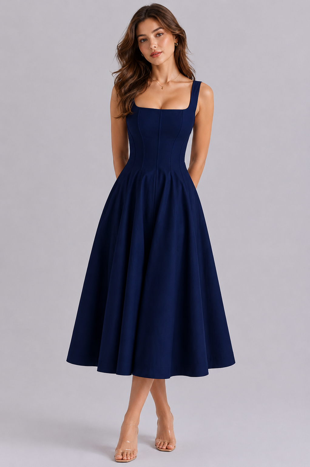 Midy – Elegancka Sukienka Midi A-Line z Gorsetem i Kwadratowym Dekoltem