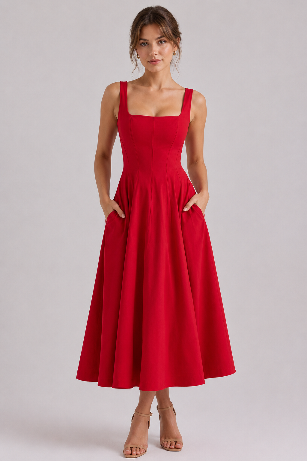 Midy – Elegancka Sukienka Midi A-Line z Gorsetem i Kwadratowym Dekoltem