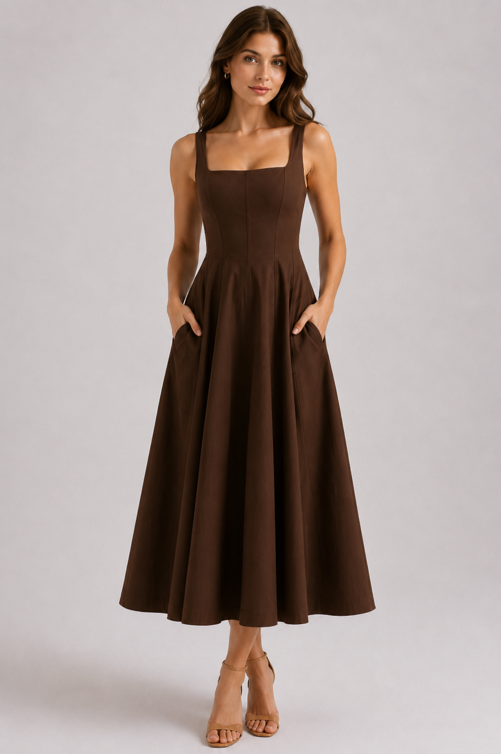Midy – Elegancka Sukienka Midi A-Line z Gorsetem i Kwadratowym Dekoltem