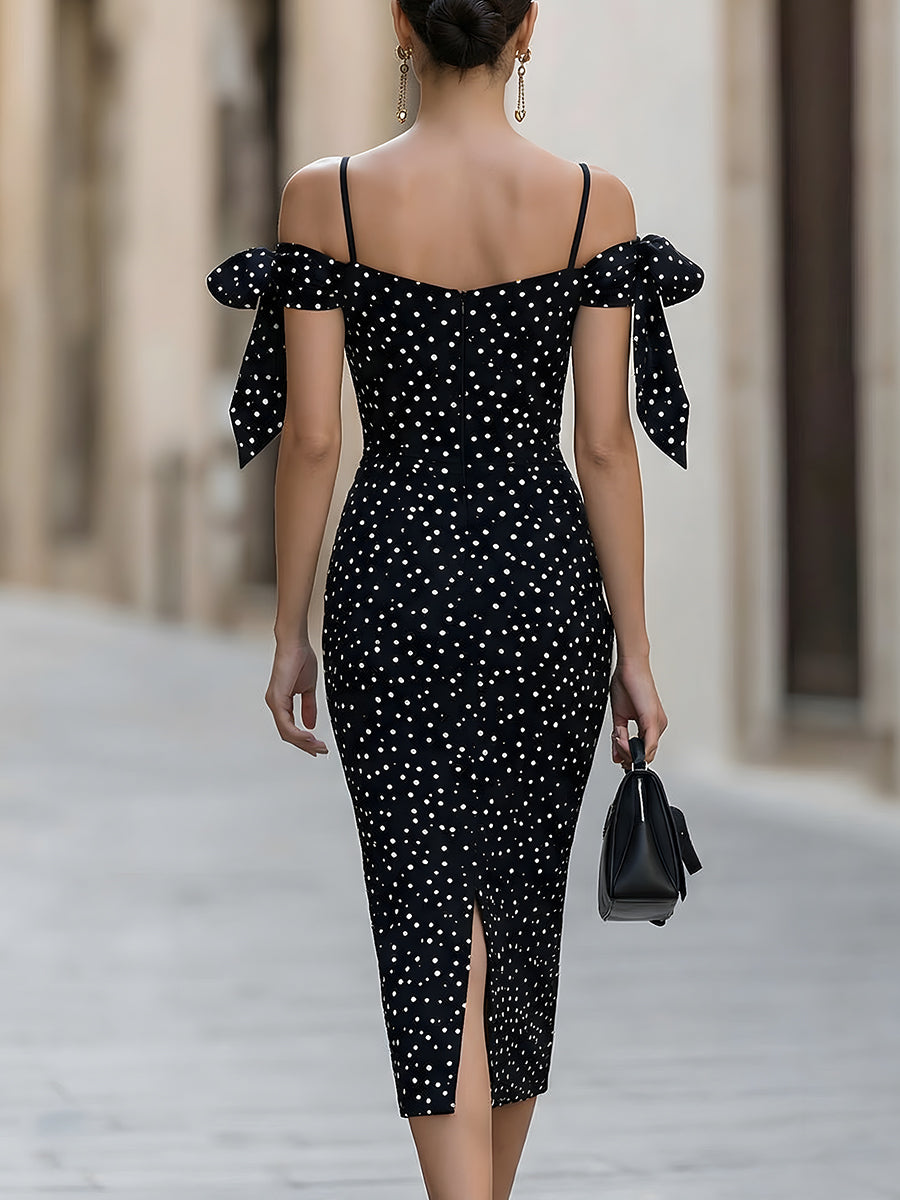 Sukienka Midi Bodycon Off-Shoulder z Akcentami Wstążek w Groszki