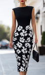 Elegancka Sukienka Midi Bodycon w Kwiatowy Wzór z Kolorowym Blokiem