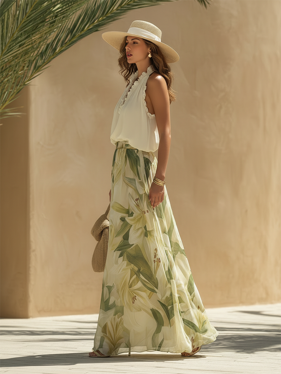 Lysandra™ | Elegancki komplet z kwiatowym nadrukiem — top halter i szerokie spodnie