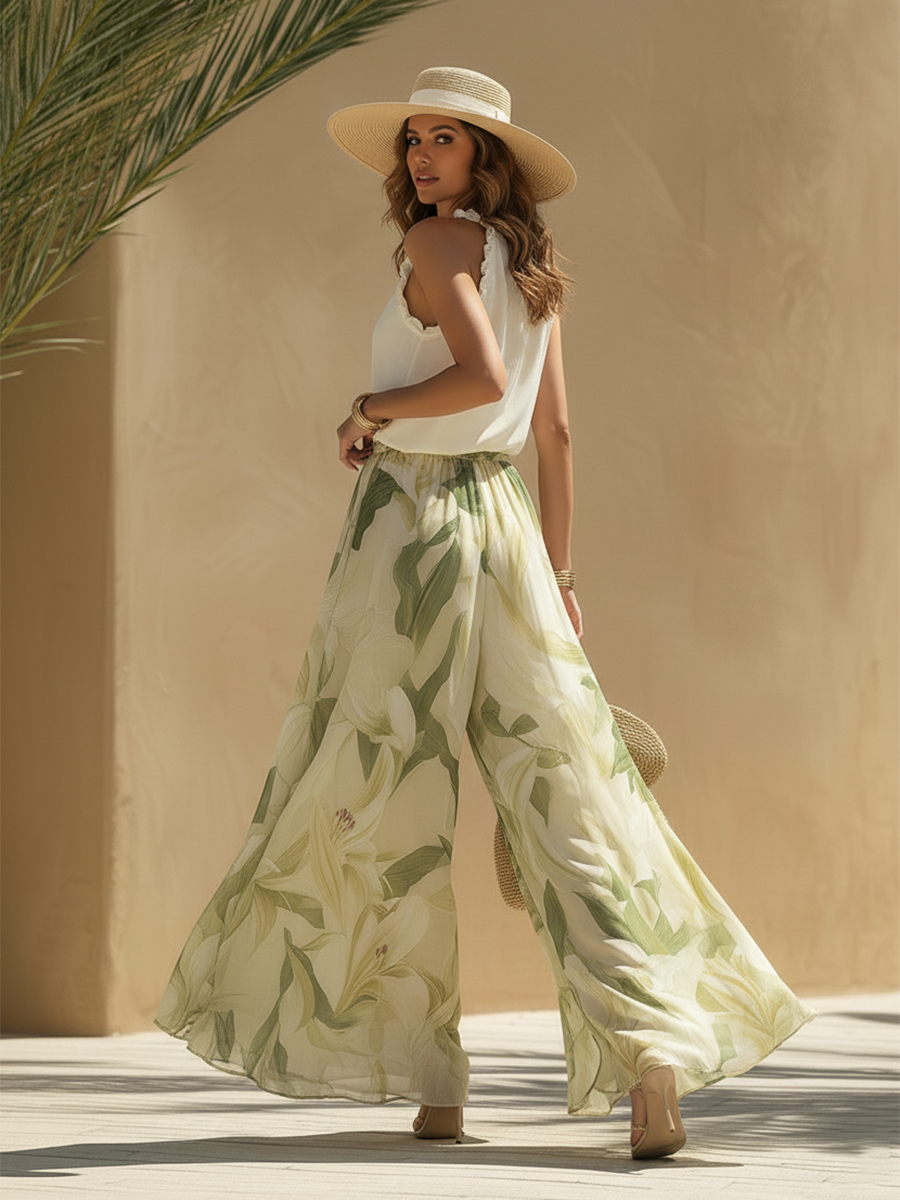 Lysandra™ | Elegancki komplet z kwiatowym nadrukiem — top halter i szerokie spodnie