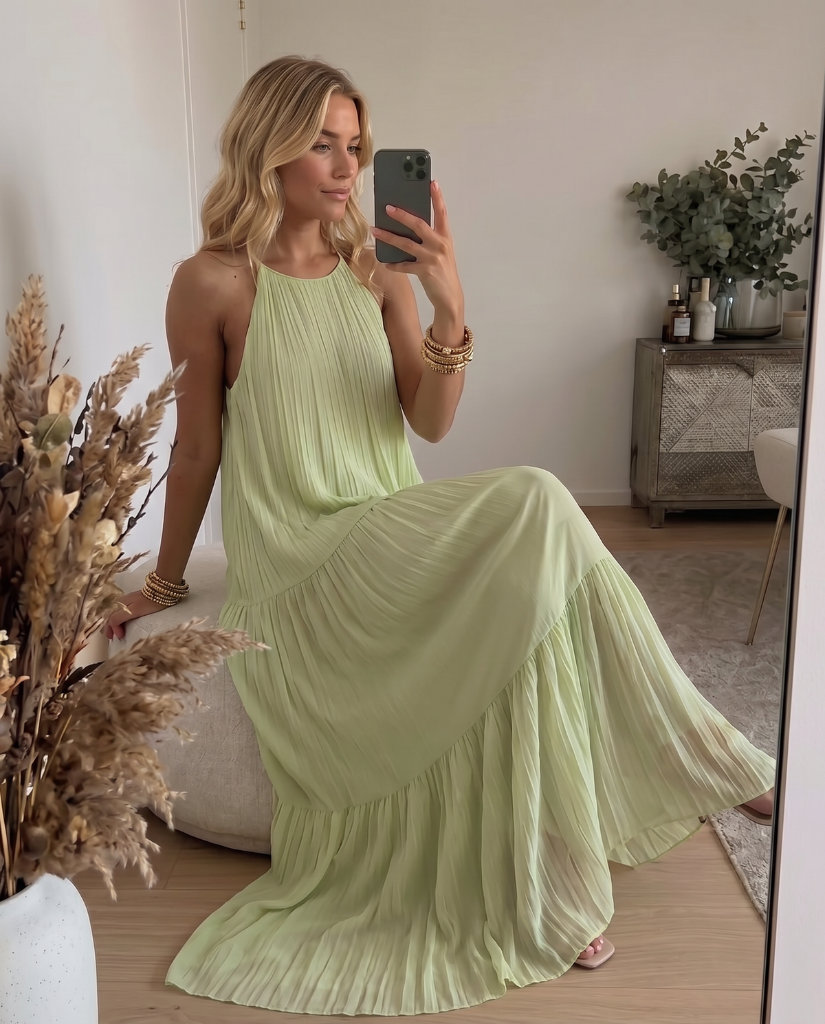 LIVIA | Maxi Sukienka Boho Zielony Pistacjowy