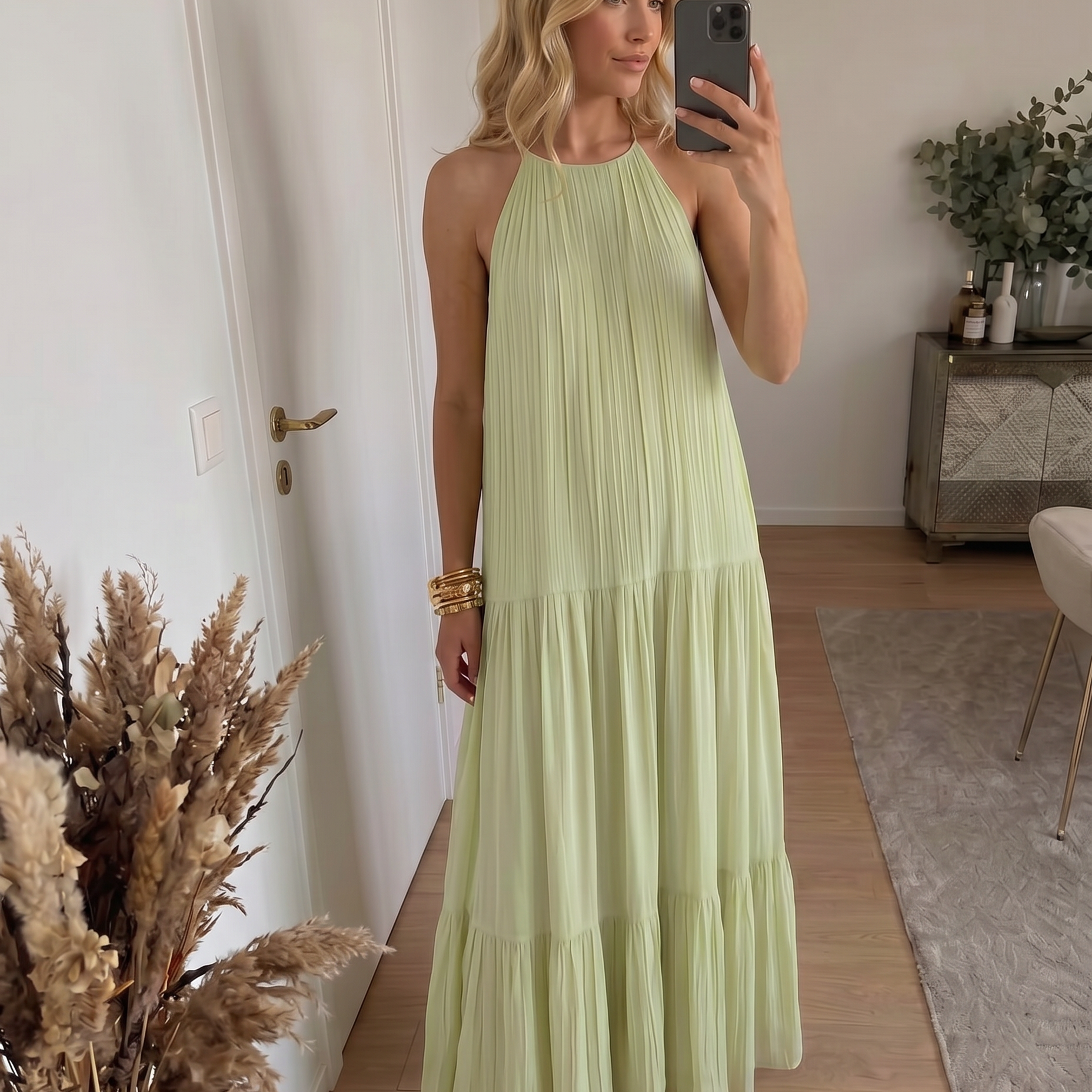LIVIA | Maxi Sukienka Boho Zielony Pistacjowy
