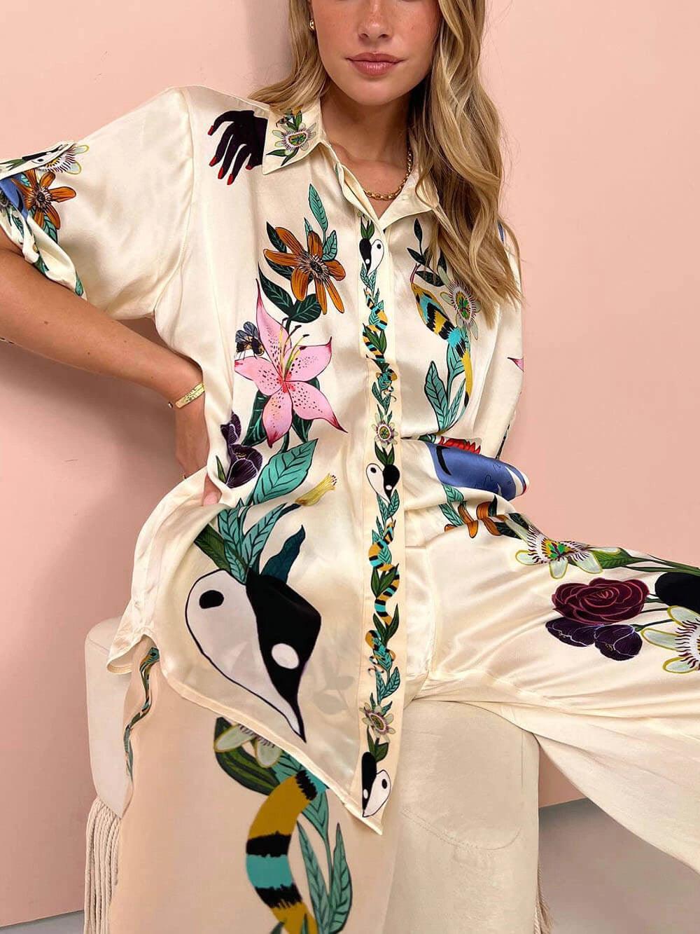 Nika | Resort Vibes Satin zestaw koszuli i spodni w unikalny wzór
