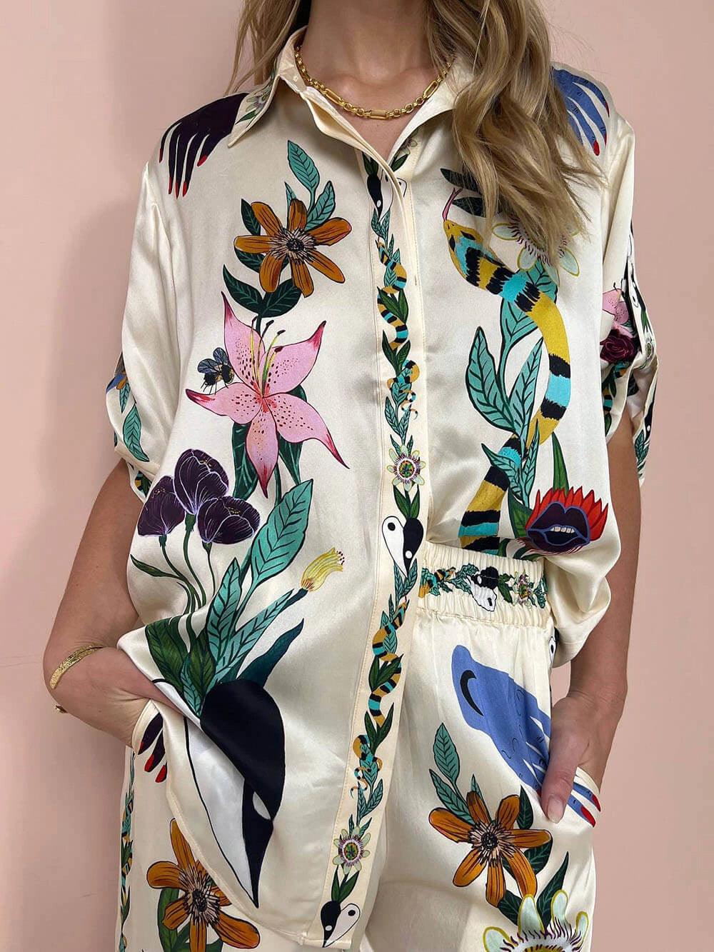 Nika | Resort Vibes Satin zestaw koszuli i spodni w unikalny wzór