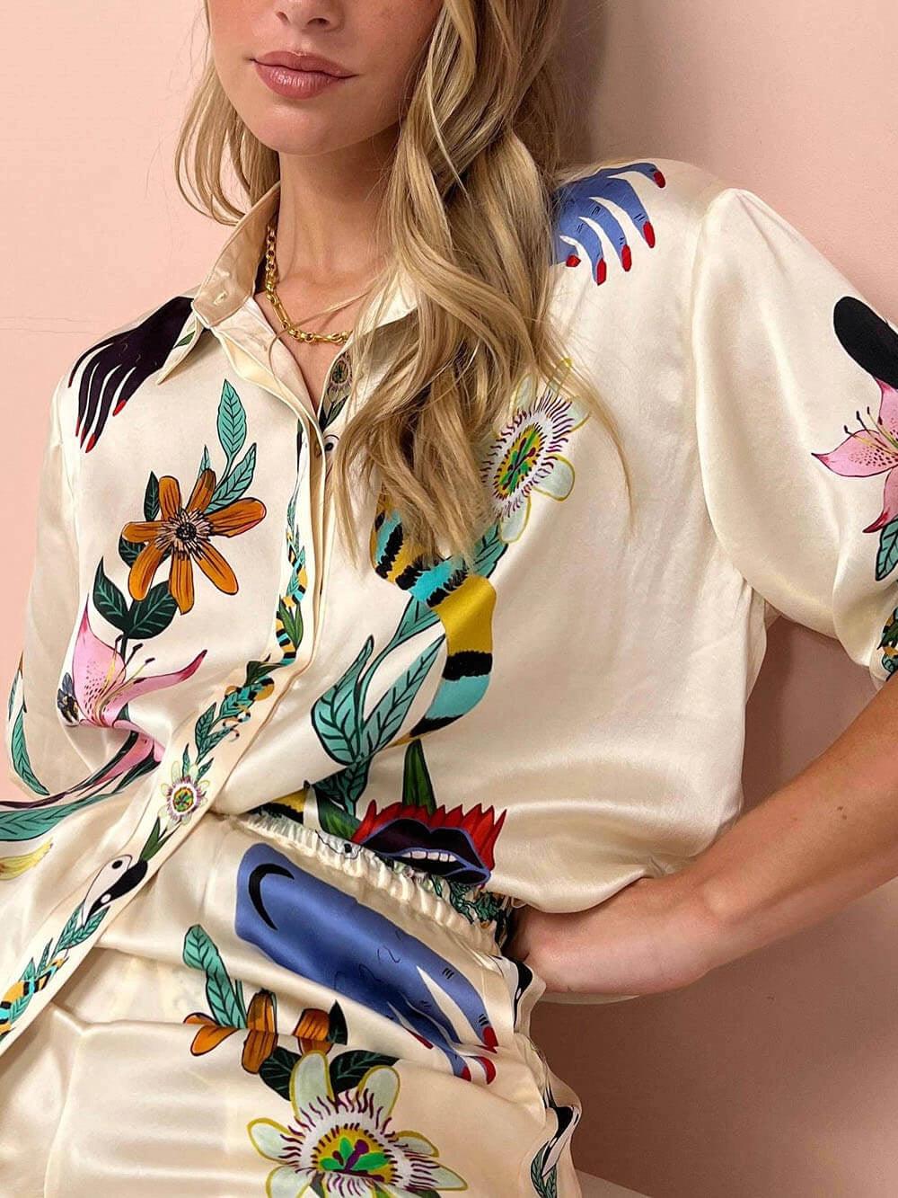 Nika | Resort Vibes Satin zestaw koszuli i spodni w unikalny wzór